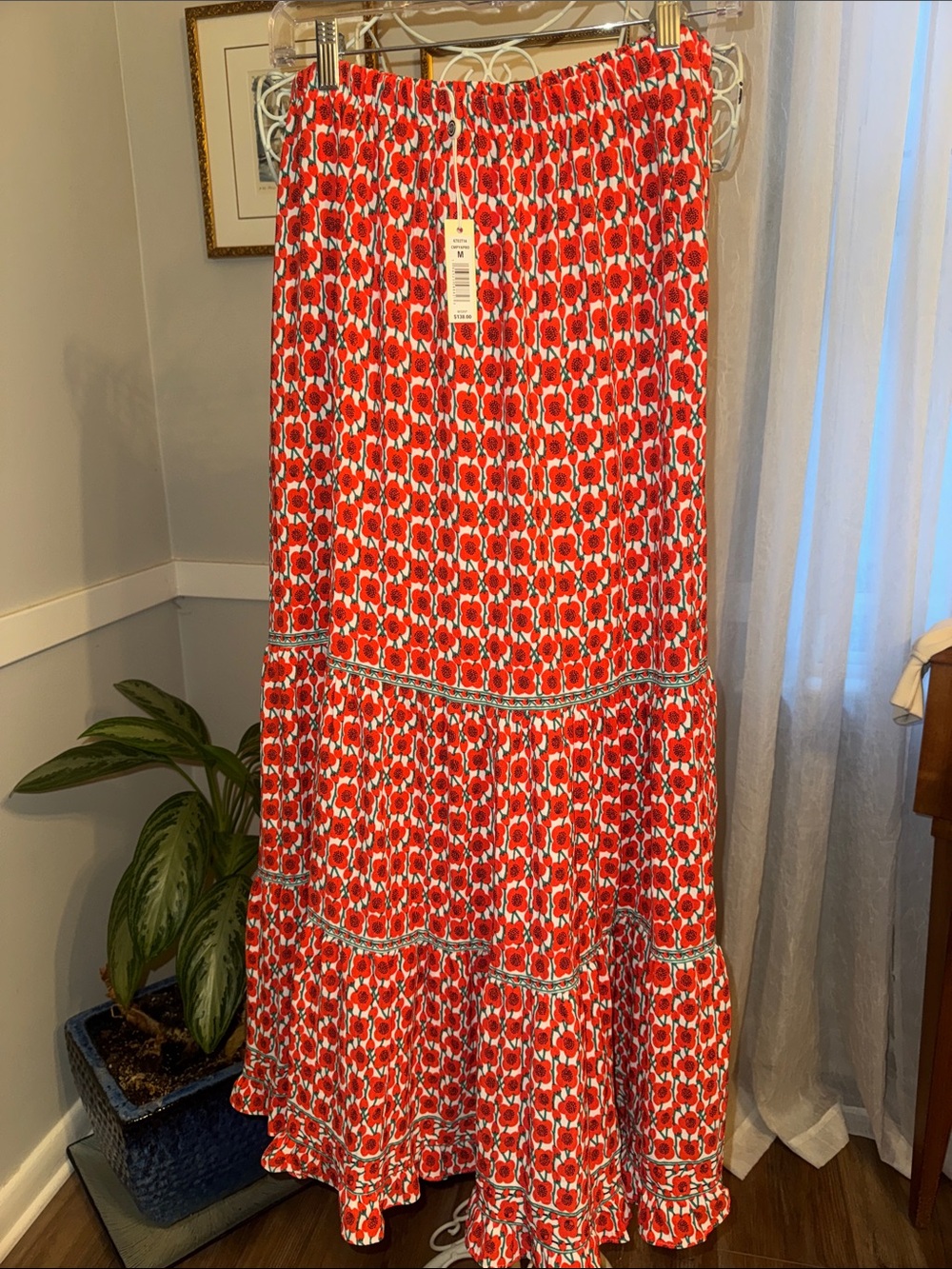 Max Studio Red/Orange Floral Tiered Maxi Skirt with White Accents NWT!